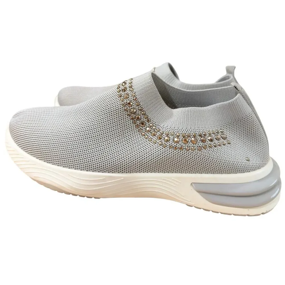 NEW Women's Rhinestone Slip-On Knit Sneakers Gray Size 10